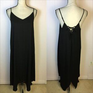 PrAna Angelique Midi Slip Dress Sz S Womans Black Asymmetrical Hem Lace Up Back